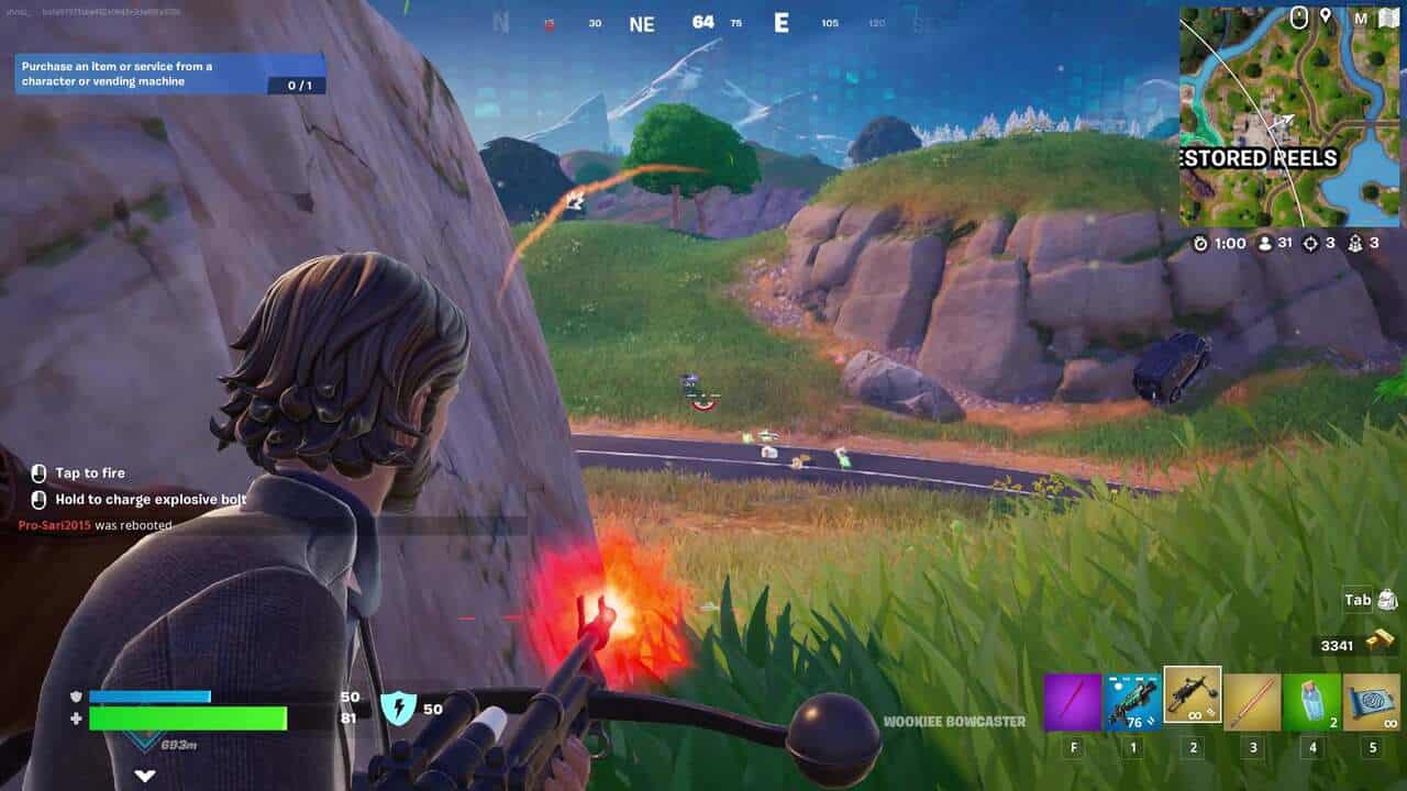 Fortnite how to get Wookie Bowcaster: A player charging up a shot with the Wookie Bowcaster, preparing to fire on a player in the distance.