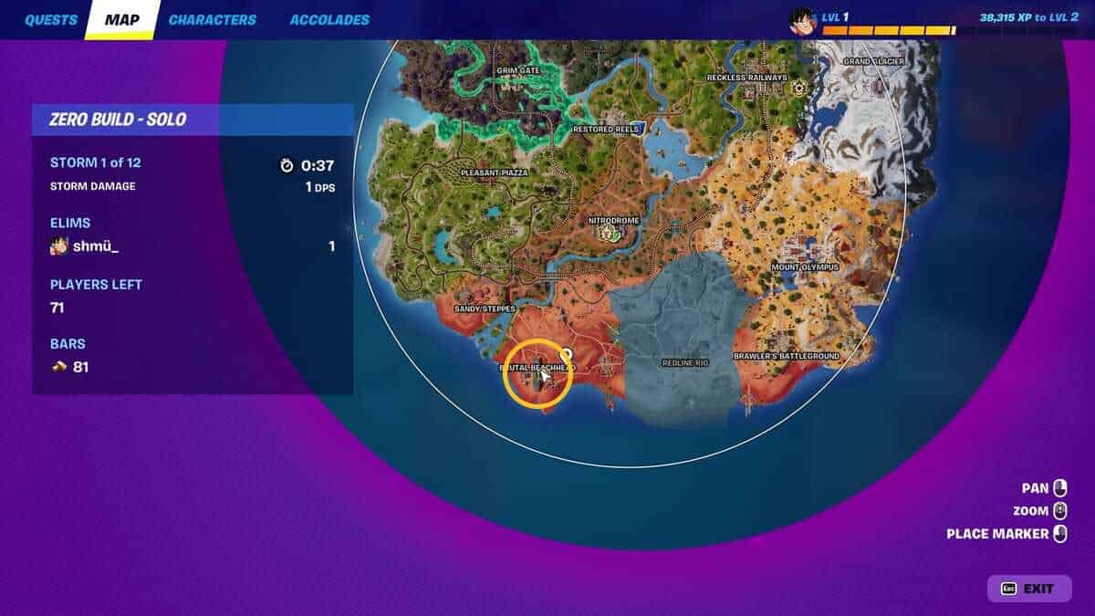 Fortnite Megalo Don: A map of Fortnite with a yellow circle around Brutal Beachhead, where Megalo Don is found.