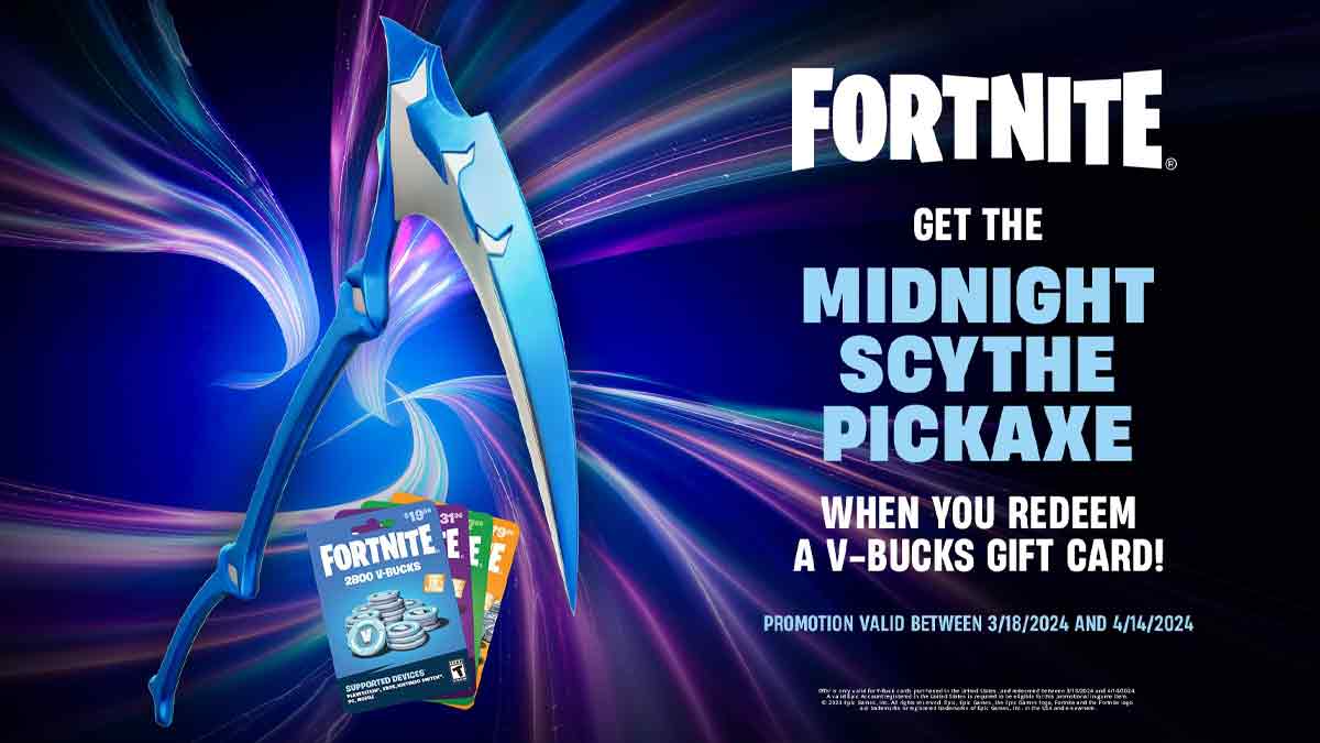 Promotional graphic for Fortnite, highlighting how to unlock the Midnight Scythe pickaxe for free with the redemption of a V-Bucks gift card, offer valid from 3/8/2024 to