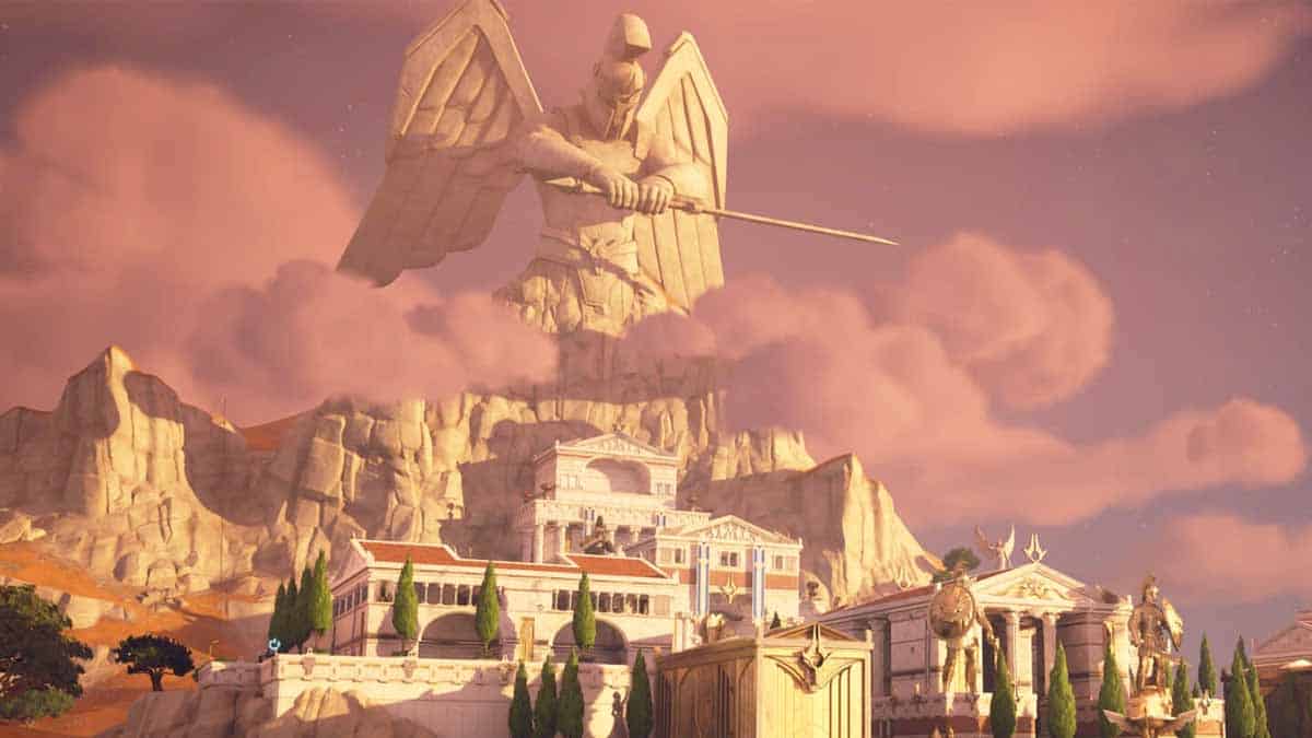 A grand statue of a winged figure holding a sword towers over a landscape of classical buildings set against a pink sky, reminiscent of an epic scene from a Fortnite map.