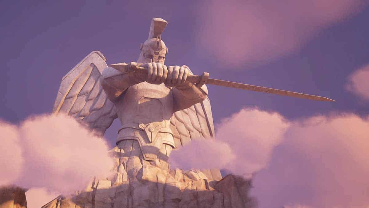Statue d'un guerrier angélique avec une épée, posée sur un ciel violet avec des nuages ​​​​doux, rappelant une scène de fuite de Fortnite.