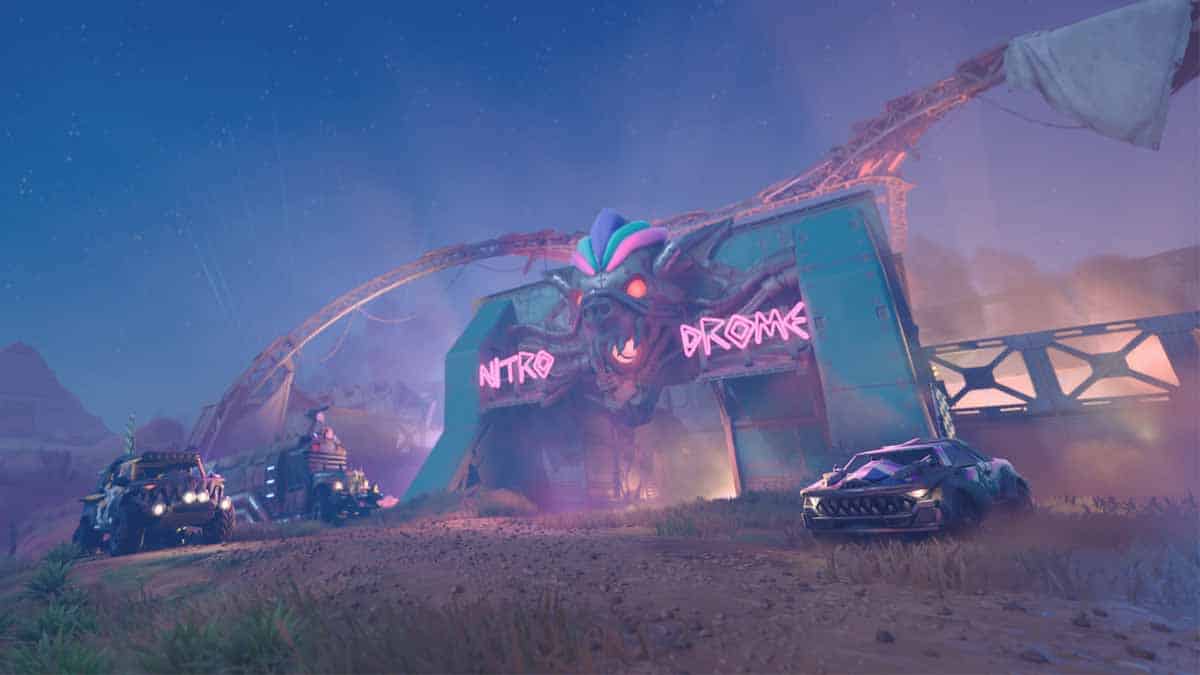 A futuristic, neon-lit arena entrance labeled "Nitro Dome" with two armored vehicles in a post-apocalyptic landscape under a night sky, where competitors wield infinite ammo and chase elusive Fortnite Medallions.