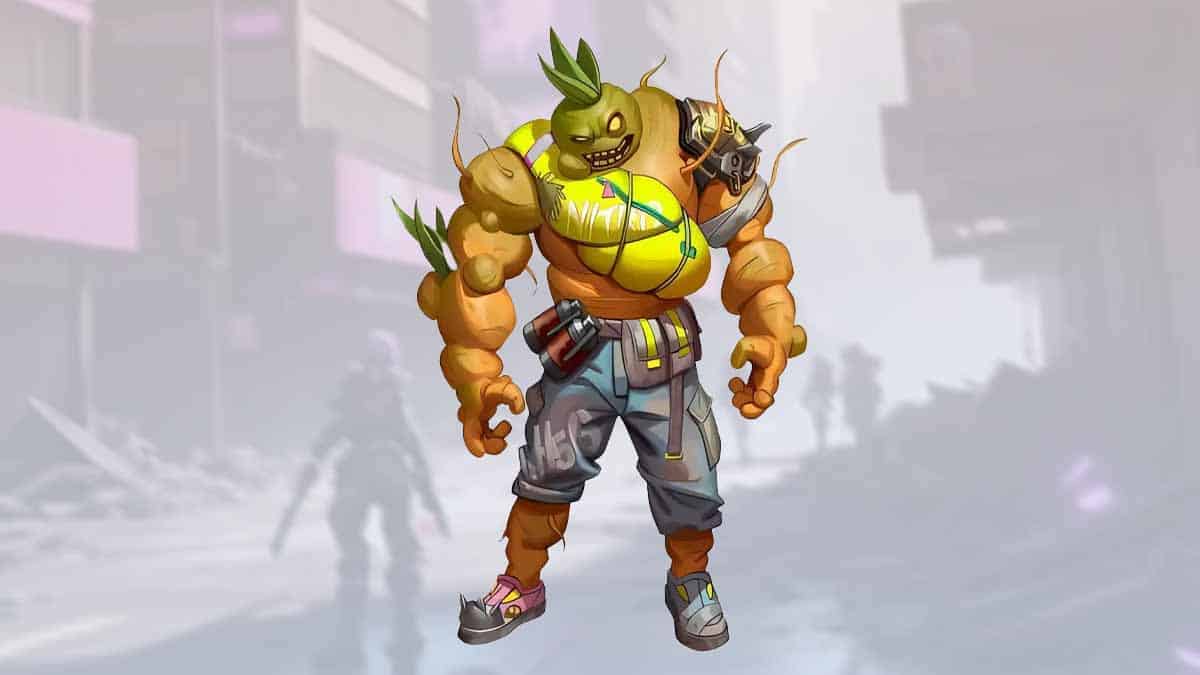 A muscular, anthropomorphic pineapple character with a mischievous grin stands in a post-apocalyptic setting reminiscent of Fortnite Battle Pass. It has spiked arms, wears scrappy clothing, and has a grenade tied to its belt.