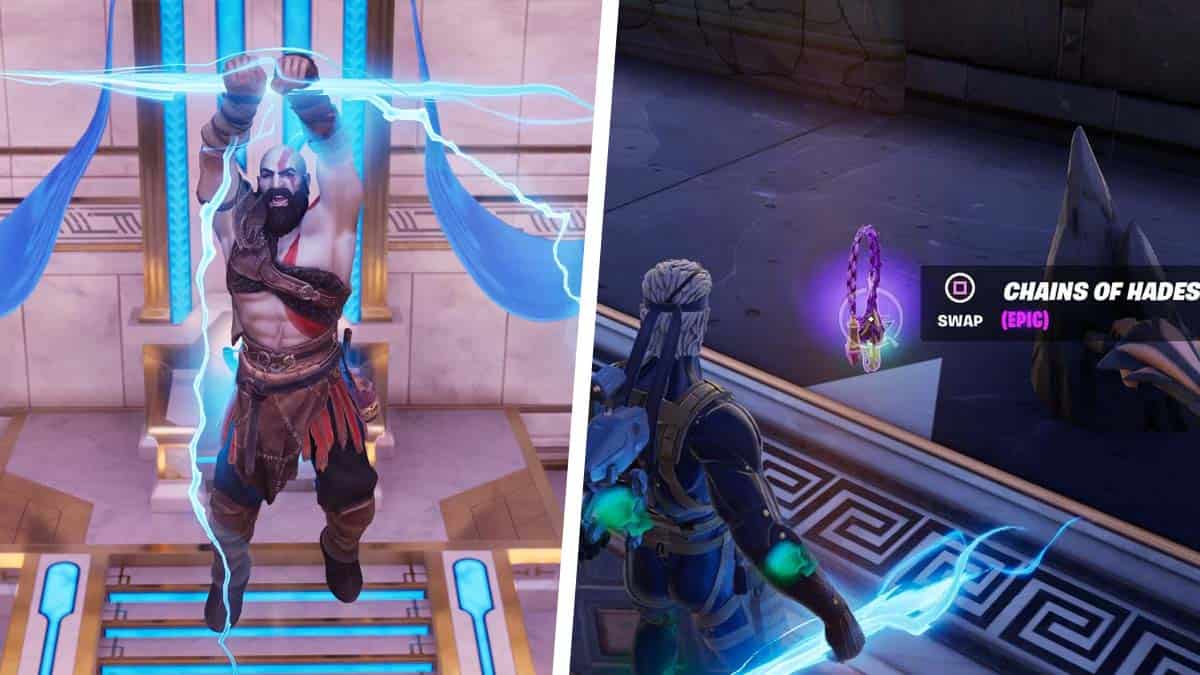 Image fractionnée d'un jeu vidéo : à gauche, un personnage brandissant des chaînes lumineuses bleues et sautant dans un temple orné ;  à droite, un personnage observant une arme violette lumineuse intitulée 