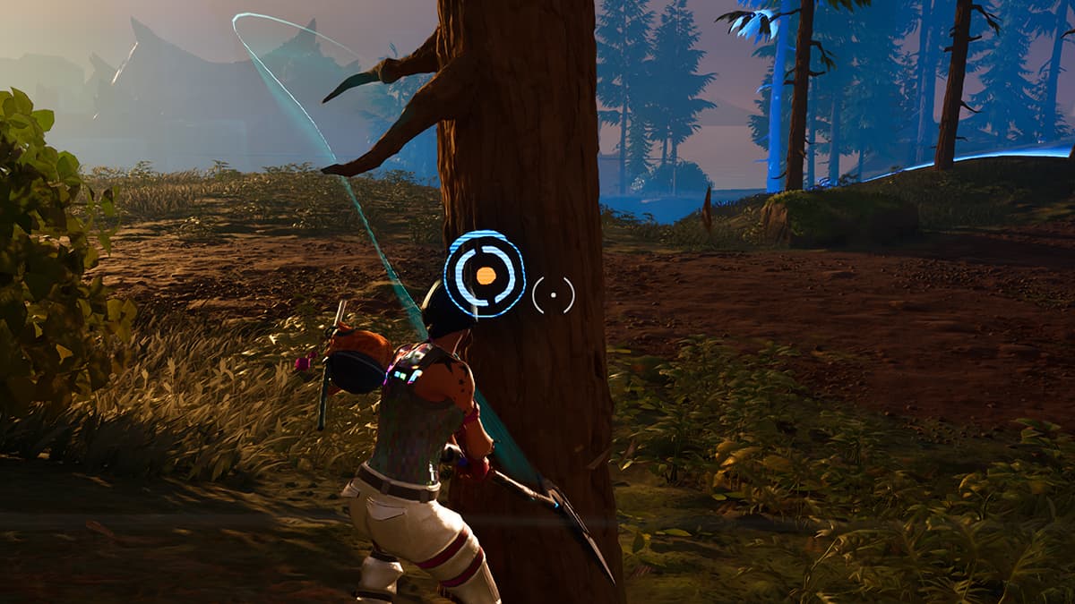 Image of a Fortnite player using a Pickaxe on a tree.