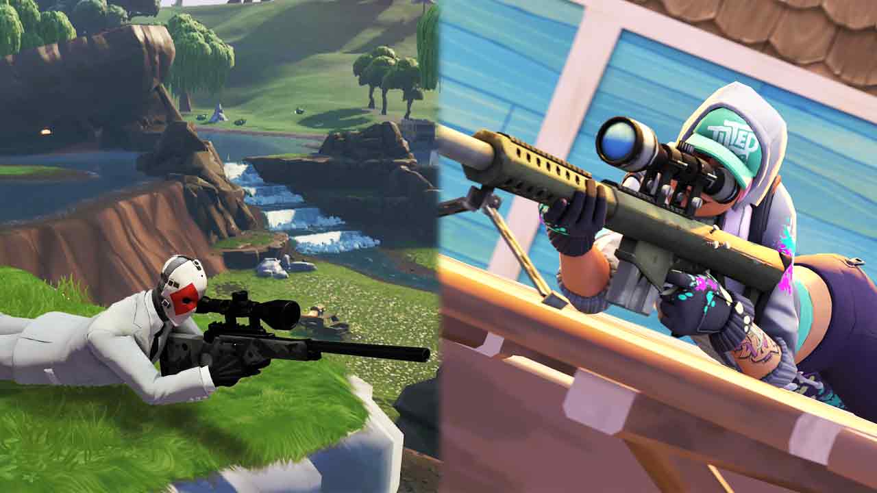 Split-screen image showing two Fortnite characters aiming sniper rifles; the left character is prone in a grassy area, while the right is crouched on a building ledge. This shot hints at a potential game-changing feature that could soon be leaked.