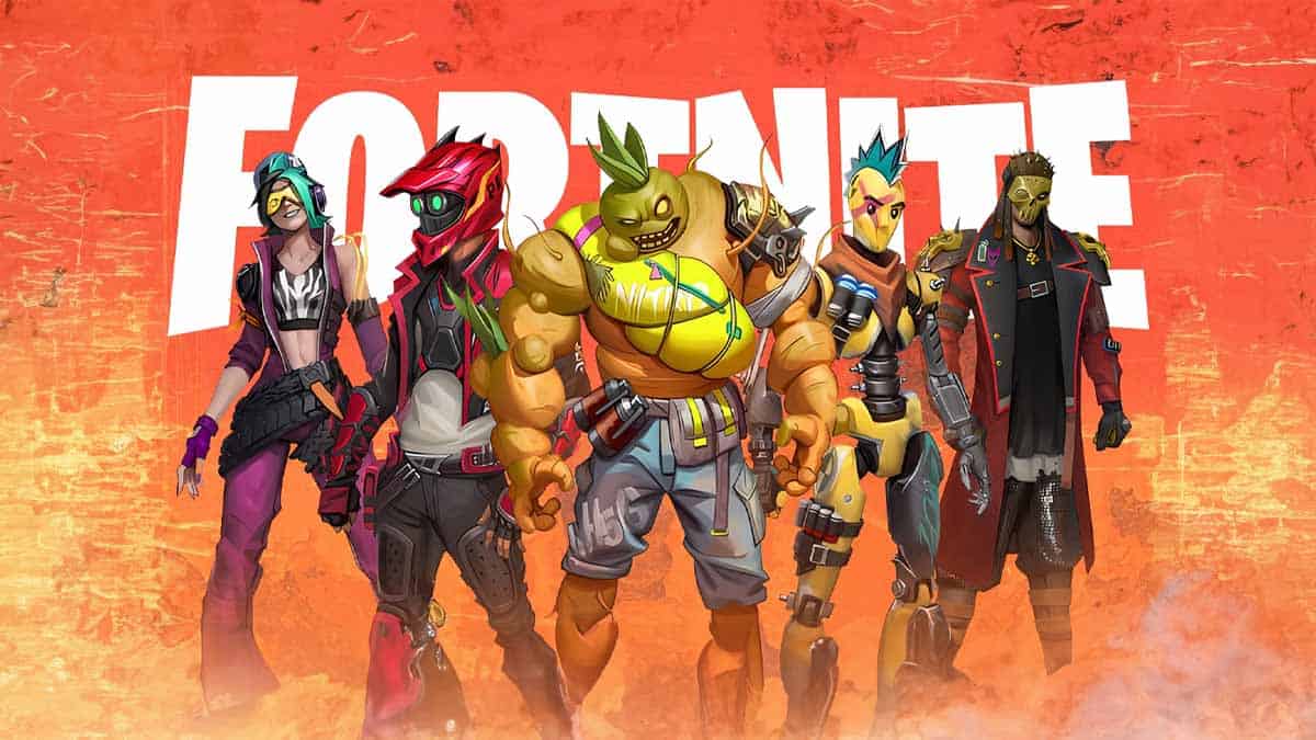 A group of five diverse Fortnite characters in vibrant outfits and gear stand in front of a bright background featuring the game’s title, celebrating Chapter 5 and its exciting new Battle Pass.