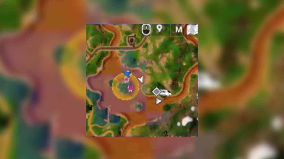 A blurred screenshot of the Fortnite Season 3 map interface, featuring colorful terrain and various icons including a compass and markers.