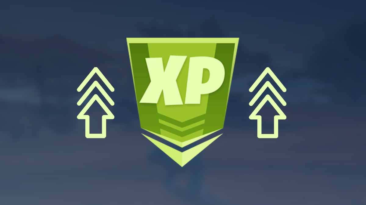 Green shield with 'XP' in the center flanked by upward-pointing arrows against a blue background, symbolizing buffed Fortnite XP and aiding in faster leveling.