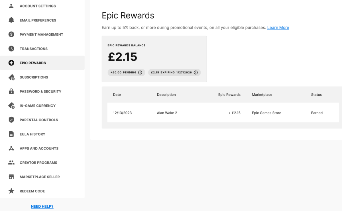 Fortnite V-Bucks cashback: The Epic Rewards menu showing balance and previous purchases.