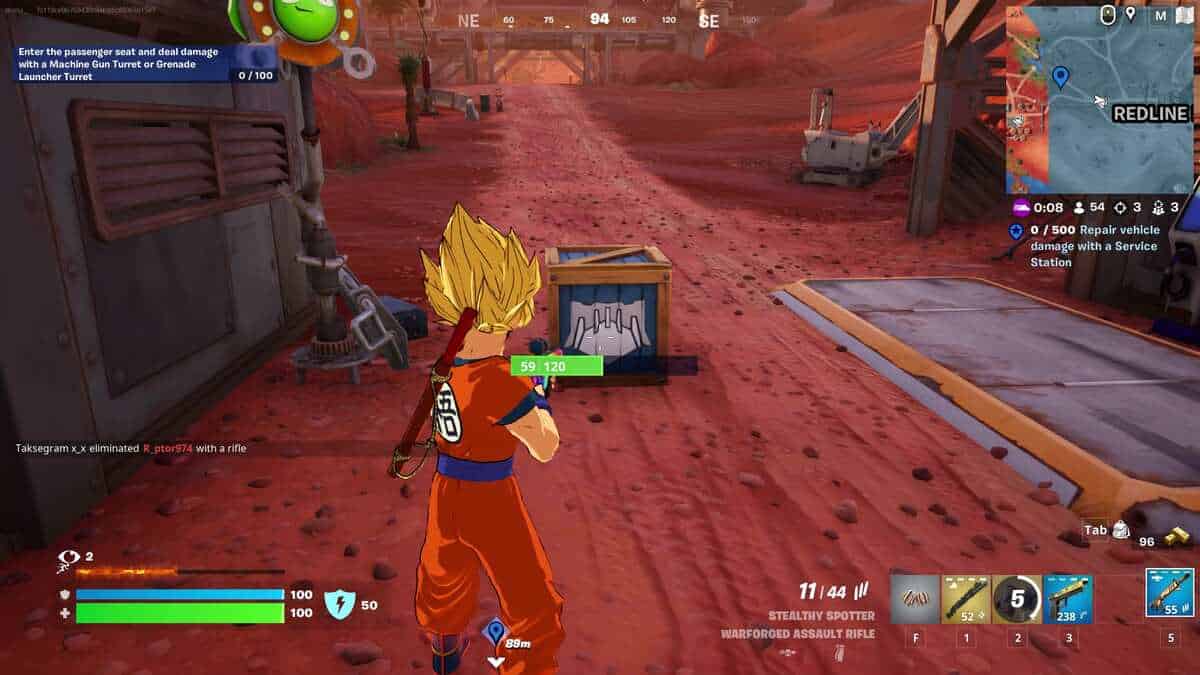 Fortnite vehicle mods: A player in a Goku skin standing next to a Vehicle Mod Box on a dusty road.