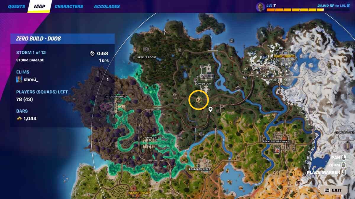 Fortnite where to find a War Bus: A map of Fortnite with a yellow ring surrounding Megalo Don's Medallion.
