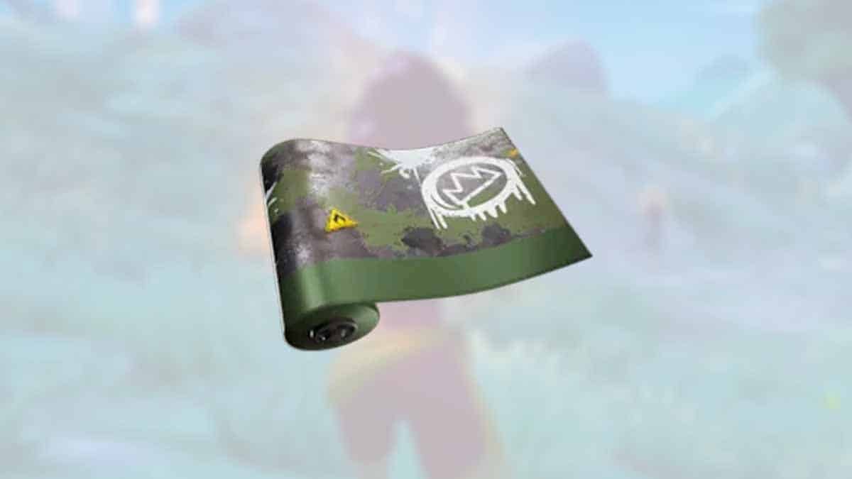 A camouflage-patterned weapon wrap in Fortnite, featuring a white graffiti-style symbol and a small yellow hazard sign, perfect for completing challenges with style.