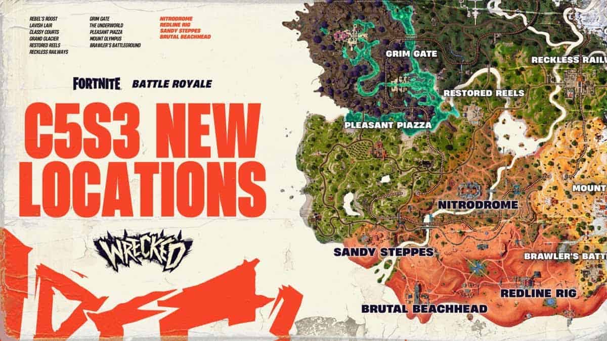 Image of a Fortnite Chapter 5, Season 3 map highlighting new locations, including Grim Gate, Pleasant Piazza, and Brutal Beachhead. "C5S3 NEW LOCATIONS" is prominently displayed alongside the exciting addition of Nitrodome.
