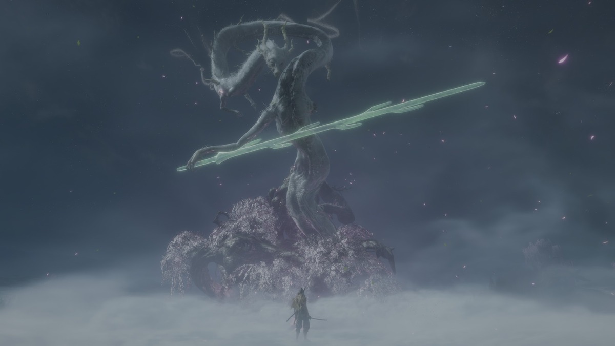 FromSoftware games are not that hard: Sekiro standing among some clouds with a giant dragon wielding a sword flying in the air in front of him.