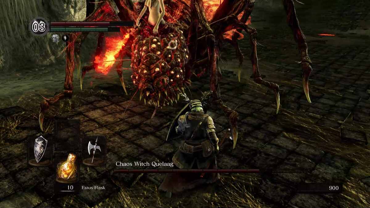FromSoftware games are not that hard: A player wielding a halberd and shield fighting Chaos Witch Queelag in Dark Souls.