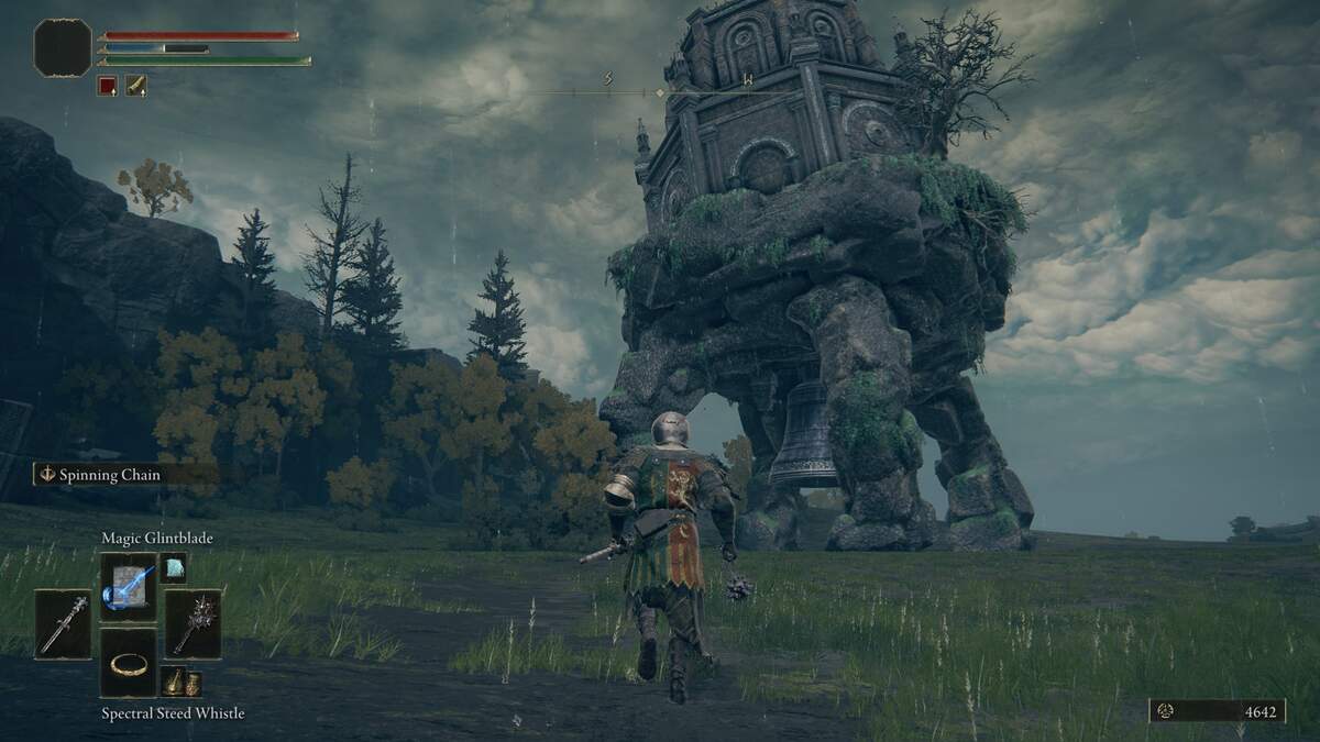 FromSoftware games are not that hard: A player running towards a Walking Mausoleum on a grassy plain in Elden Ring.