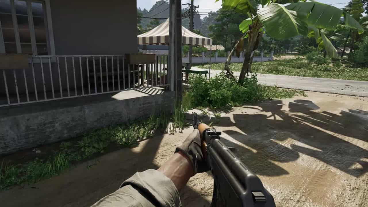 Gray Zone Warfare server status: A player checks a location with an AK-47 assault rifle. Image captured by VideoGamer.