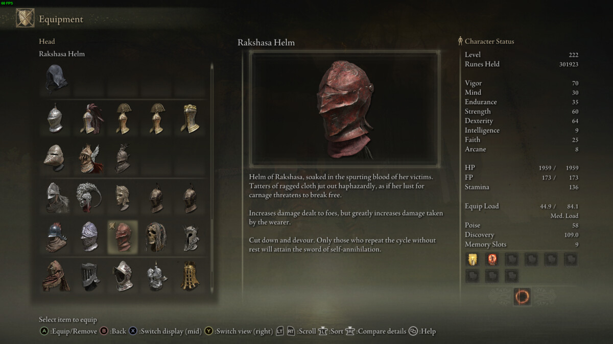 Elden Ring Shadow of the Erdtree Great Katana build: helmet in equipment inventory.
