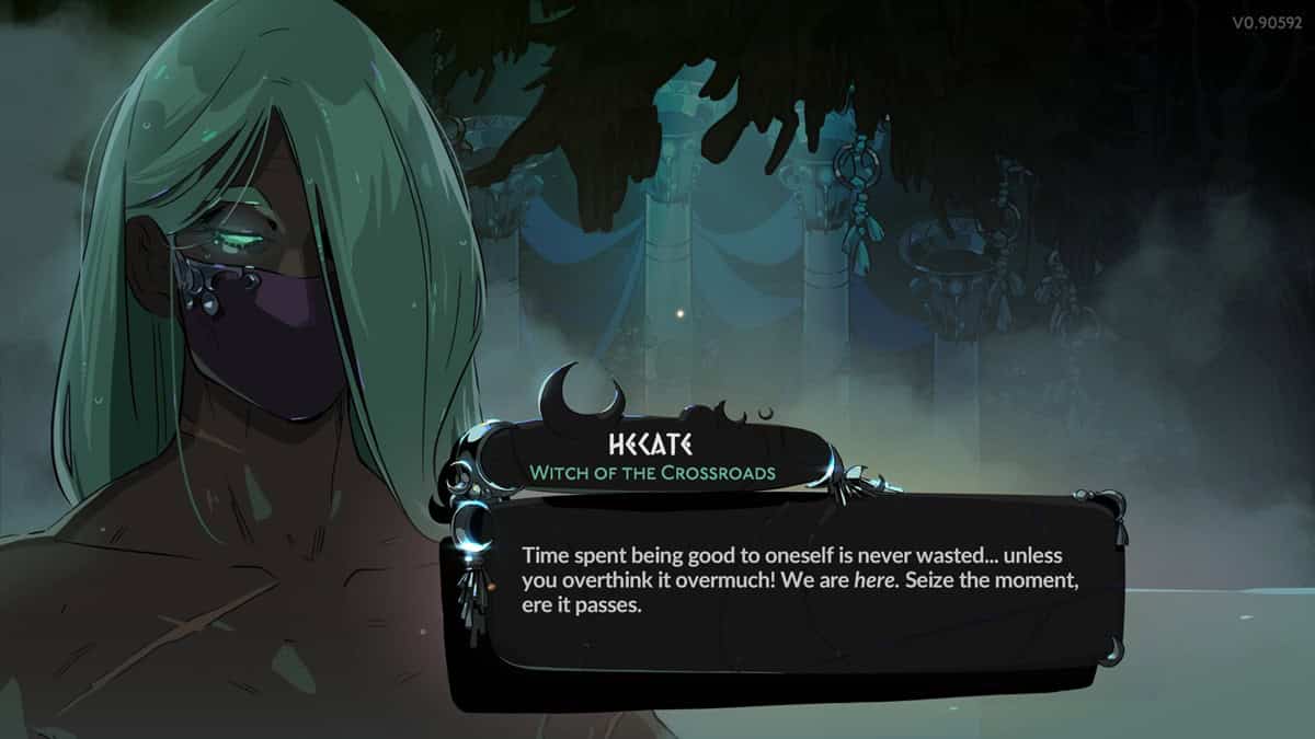 Hades 2 bath salts: Hecate speaks with the player at the Hot Springs. Image captured by VideoGamer.