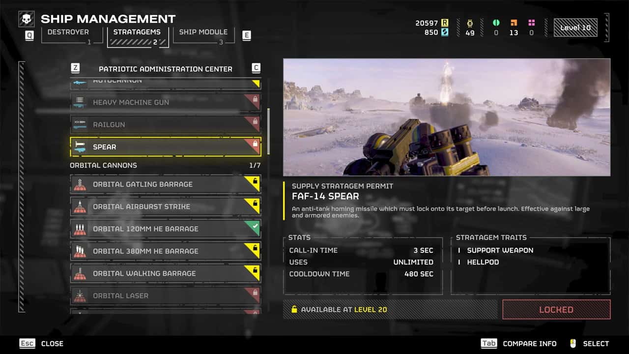 Helldivers 2 best weapons: A player checks out the Spear in the ship management menu. Image captured by VideoGamer.