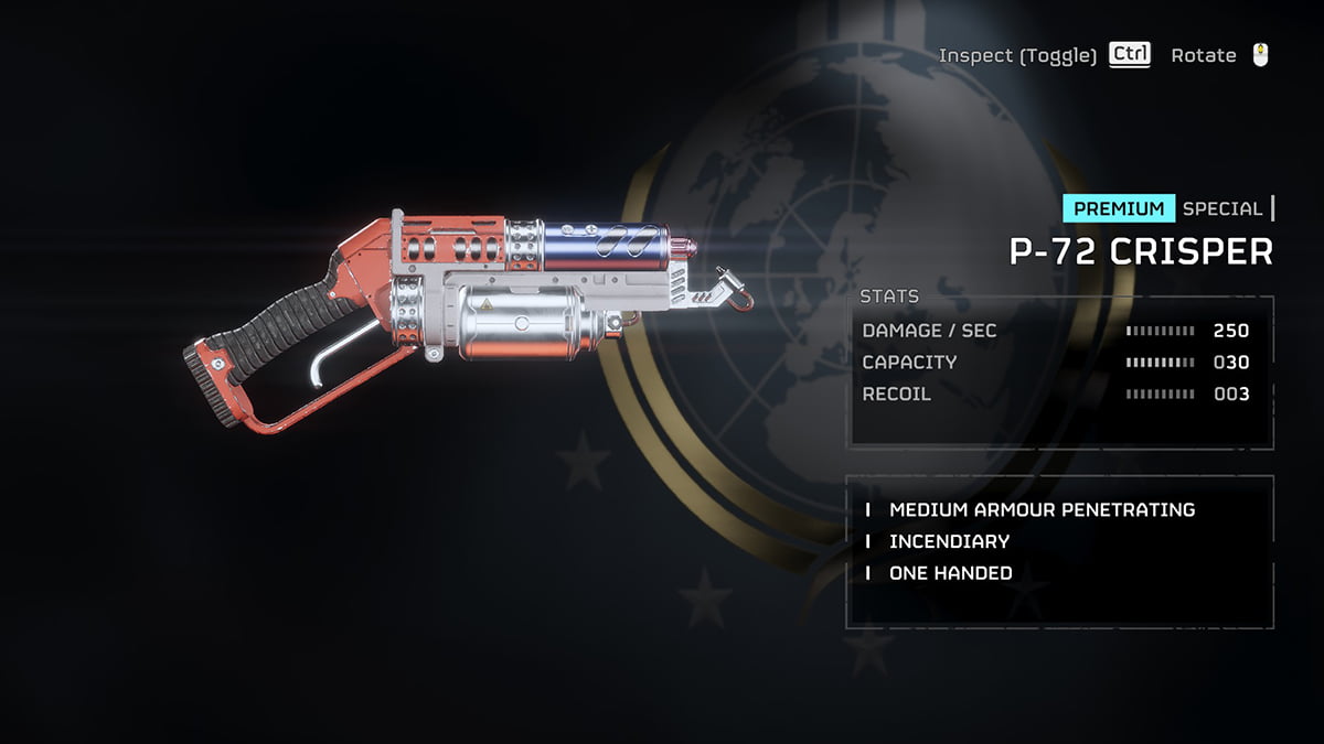 Image of the P-72 Crisper secondary weapon in Helldivers 2.