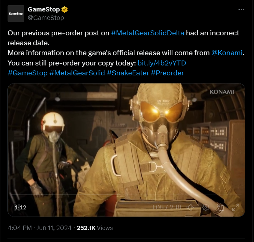 Gamestop on Twitter: "Our previous pre-order post on Metal Gear Solid Delta had an incorrect release date.

More information on the game's official release will come from Konami. You can still pre-order your copy today."