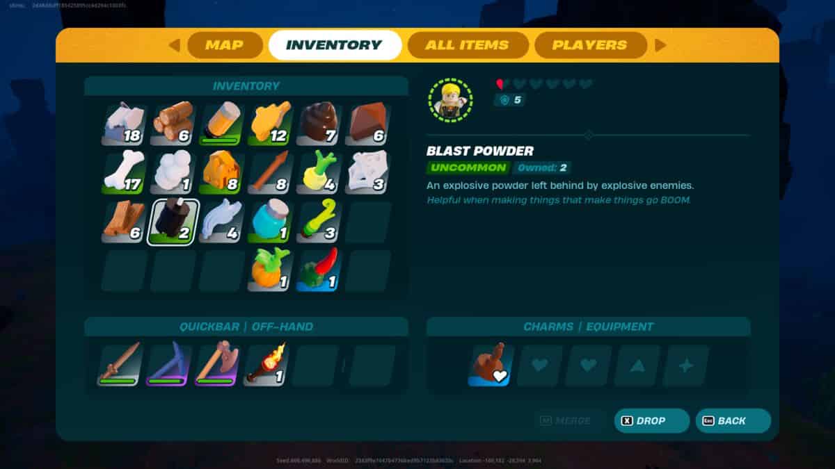 LEGO Fortnite how to get blast powder: A player's inventory showing blast powder highlighted.