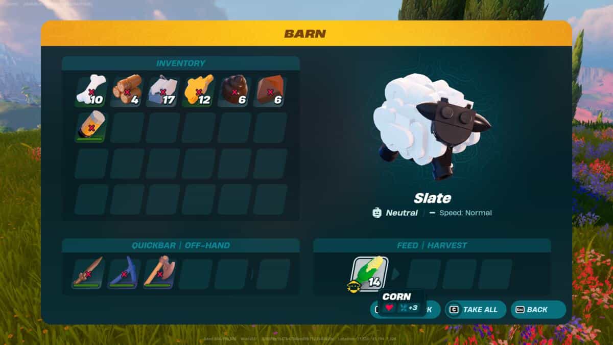 LEGO Fortnite how to get fertilizer: The barn menu showing a sheep named Slate.