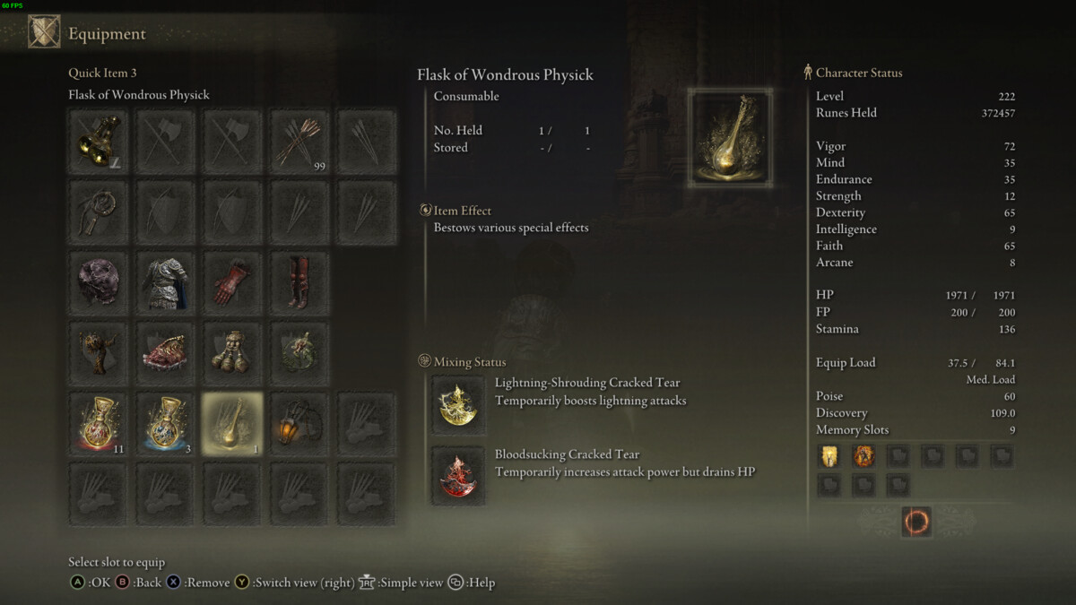 Elden Ring Shadow of the Erdtree Lightning Perfume Bottle build: Mixed Physick in the equipment menu.
