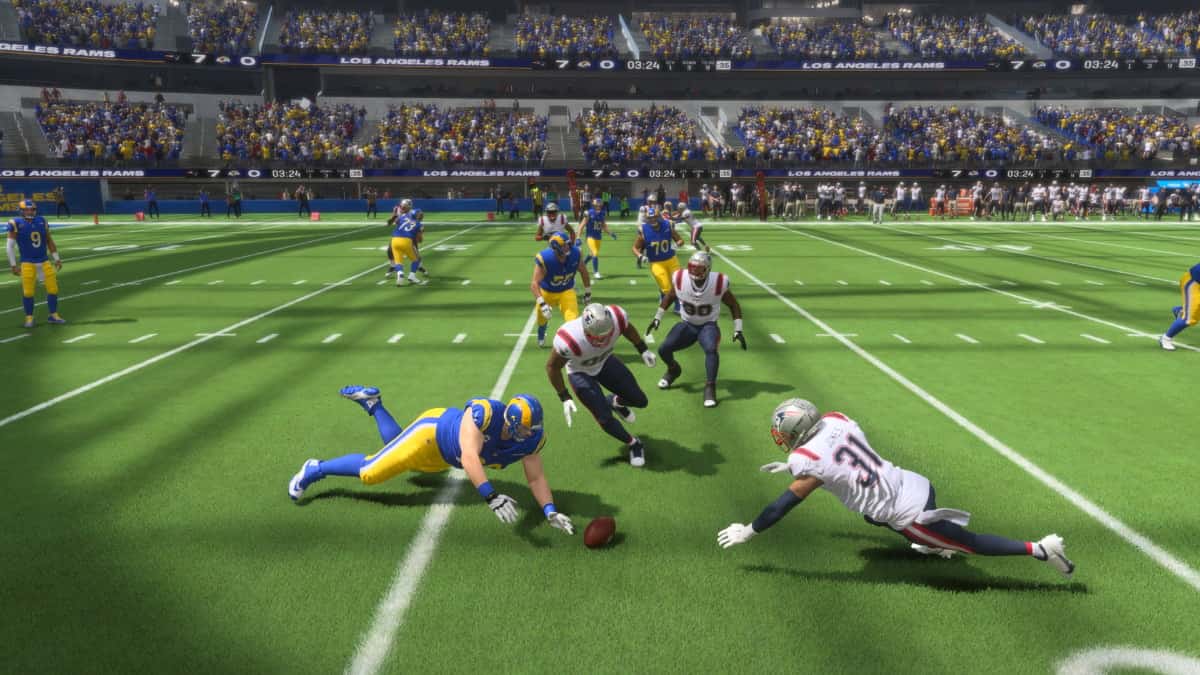 Capture a thrilling NFL 18 screenshot featuring an intense hit-stick maneuver, showcasing the ultimate skill of mastering Madden 24.