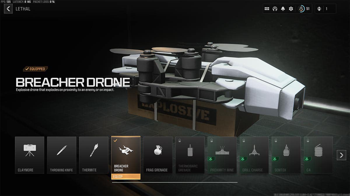 A player checks the Breacher Drone in the equipment menu.