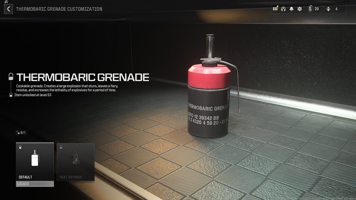A player checks out the Thermobaric grenade in the menu.
