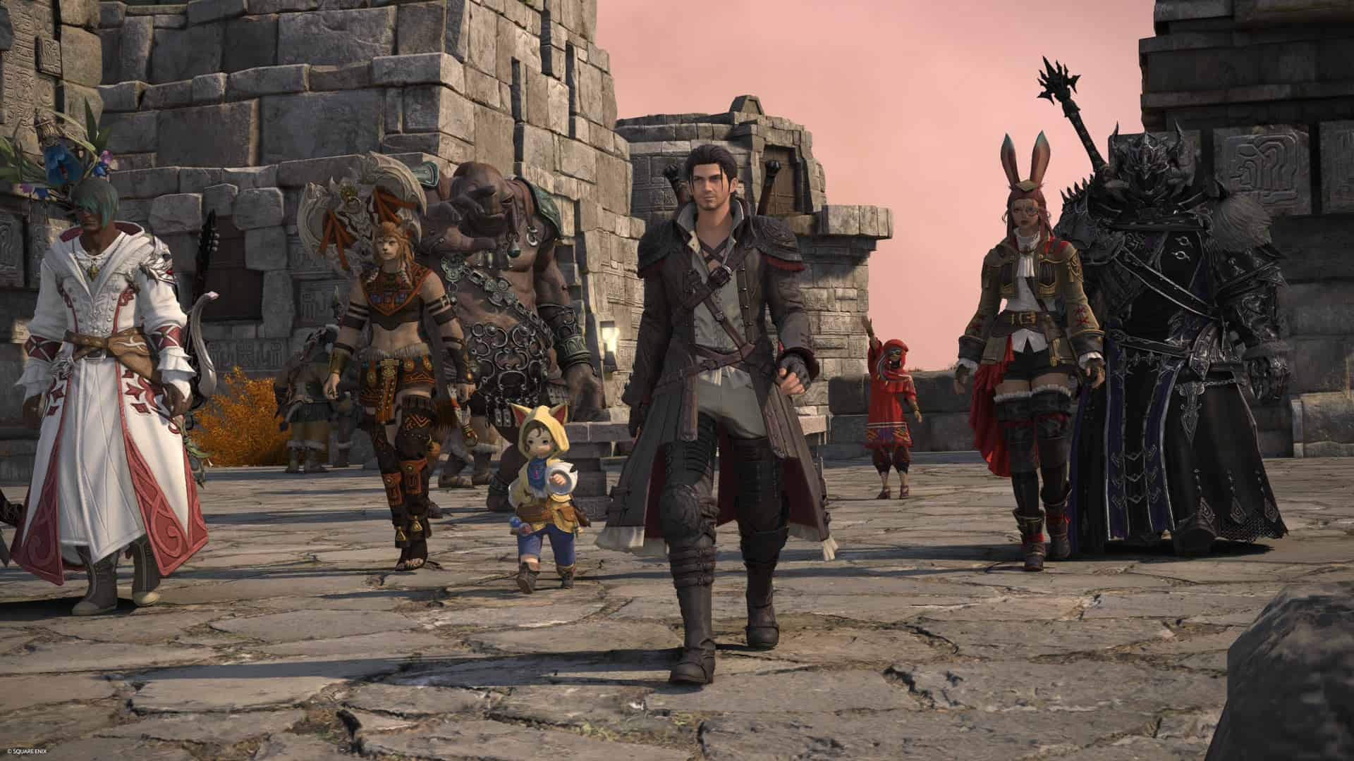 final fantasy 14 dawntrail - a group of charaters walk in line in a fantasy setting