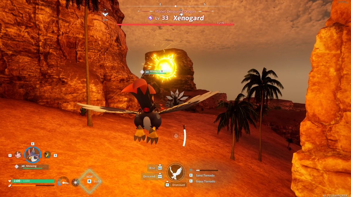 A player fights Xenogard on a mount in Palworld.