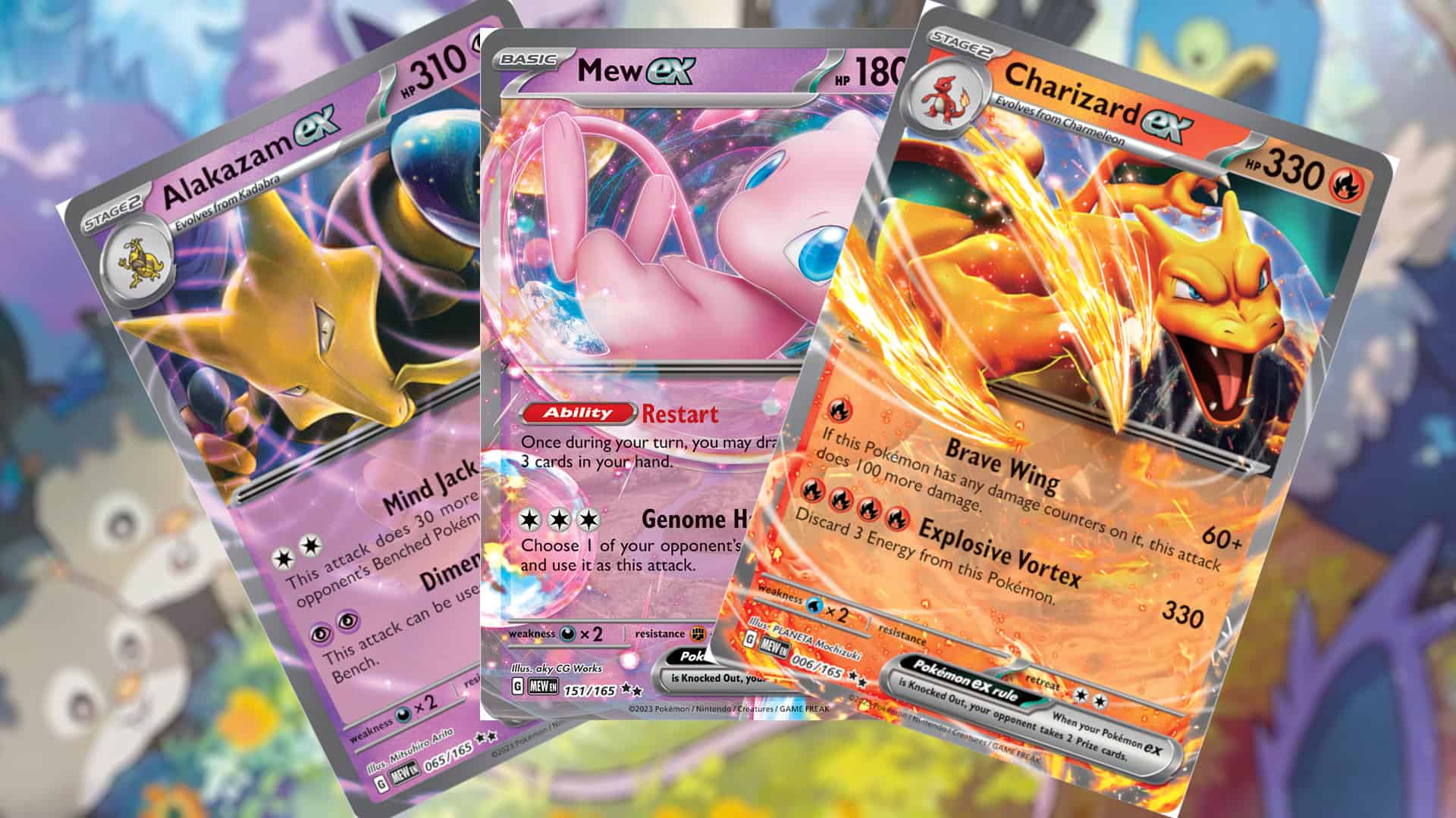 Picture of Alakazam EX, Mew EX, and Charizard EX from Pokemon 151