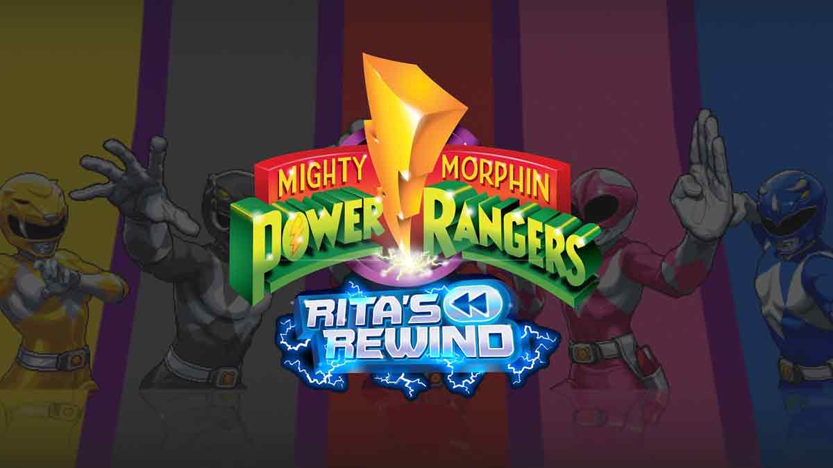 Une image montrant le logo de Mighty Morphin Power Rangers : Rita's Rewind avec Power Rangers en arrière-plan