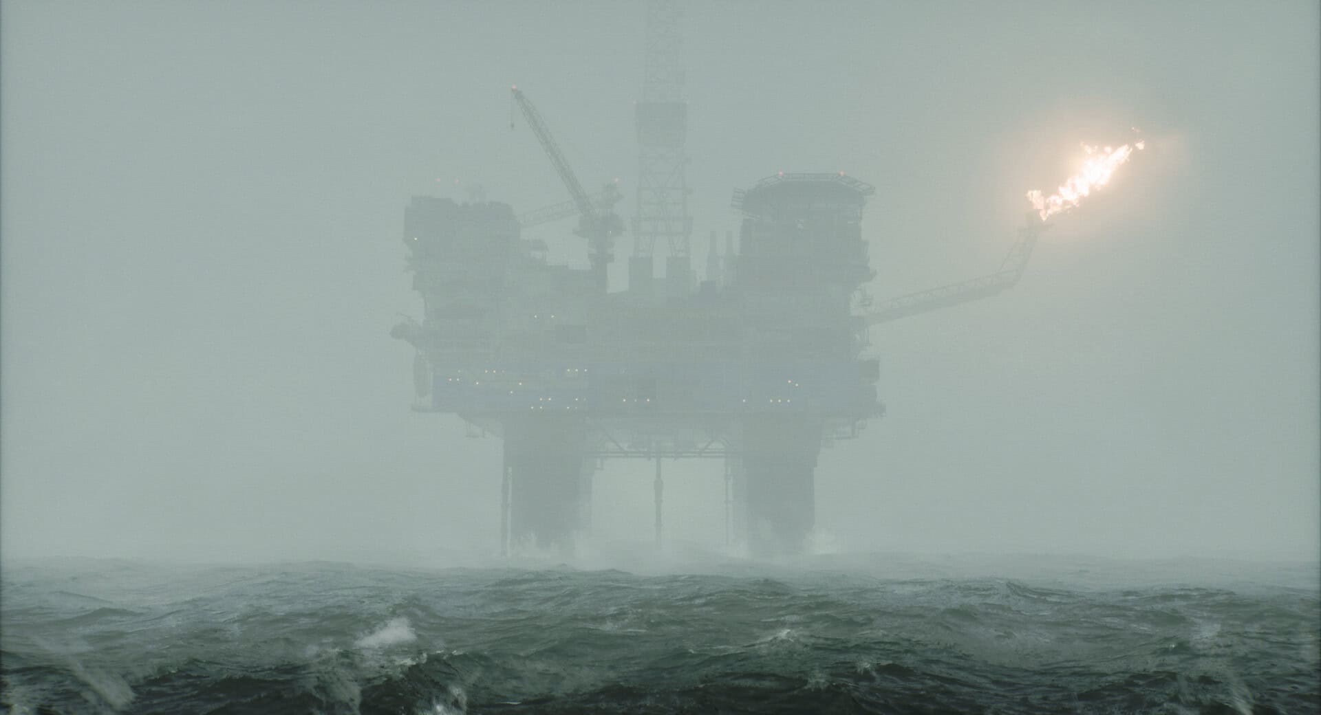 still wakes the deep release date - An offshore oil rig with a flare stack burning