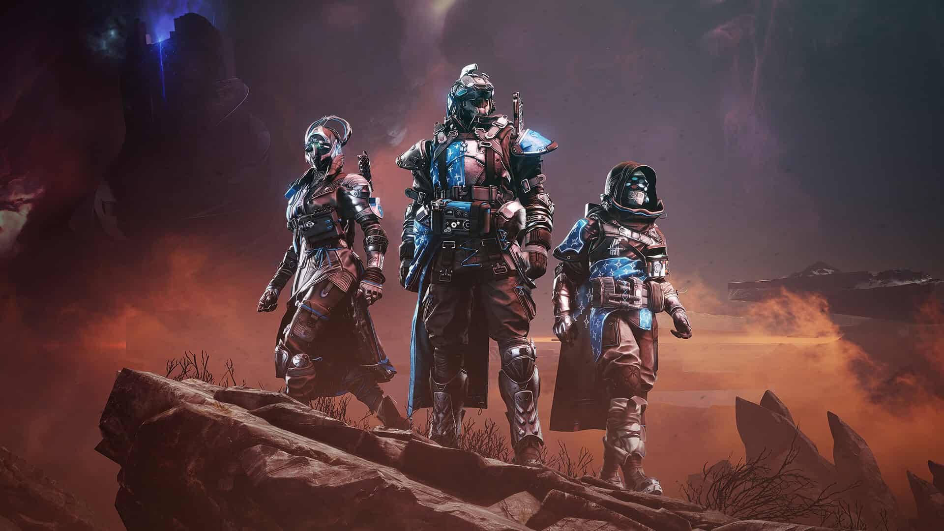 destiny 2 the final shape release time - three characters wearing armour pose on a rock