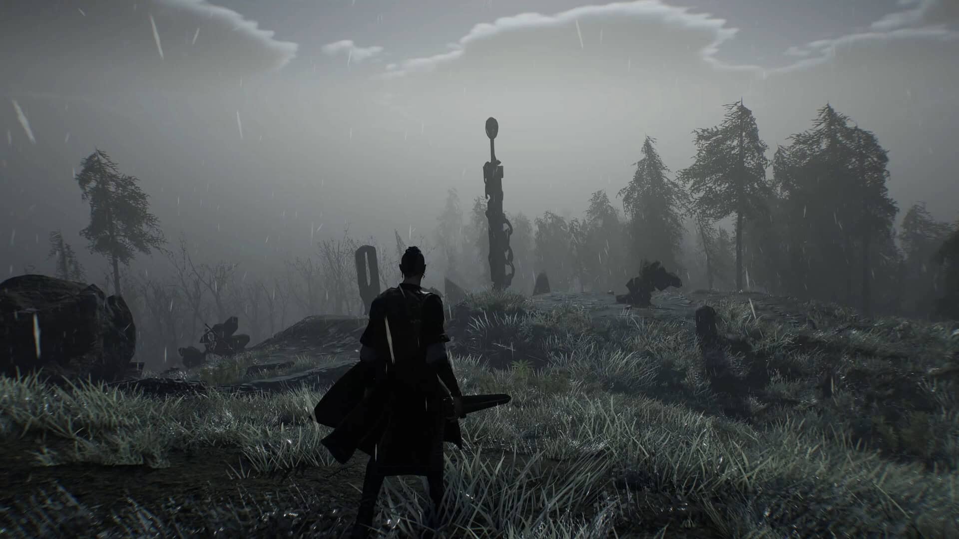 aska early access release date - a character stands with a sword ready in a gloomy setting