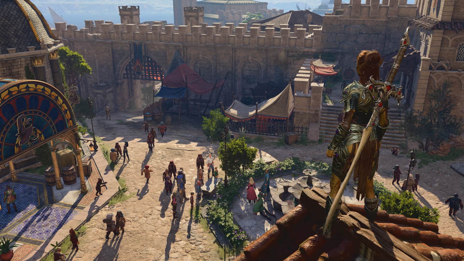baldur's gate 3 patch 7 release date - A warrior stands on a rooftop overlooking a bustling medieval market