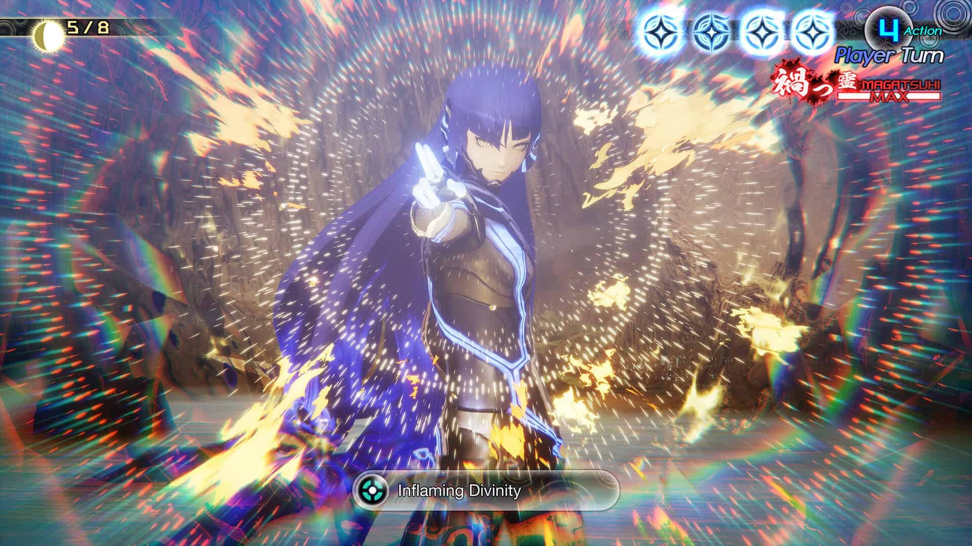 SMT v vengeance release date - a character with long blue hair uses magical attacks
