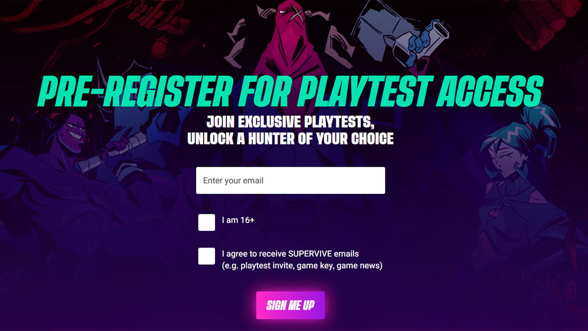 Image of the sign up screen on the Supervive website.