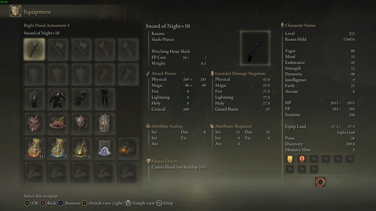 Elden Ring Shadow of the Erdtree best Sword of Night build: equipment menu.