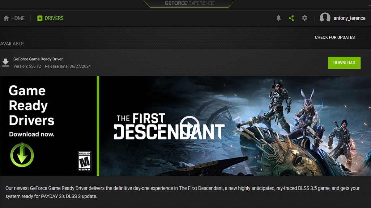 A player downloads the latest Nvidia drivers for The First Descendant.