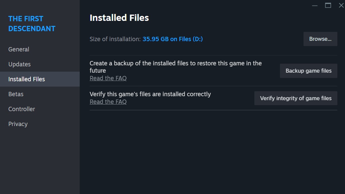 A player checks The First Descendant on Steam to verify integrity of game files.