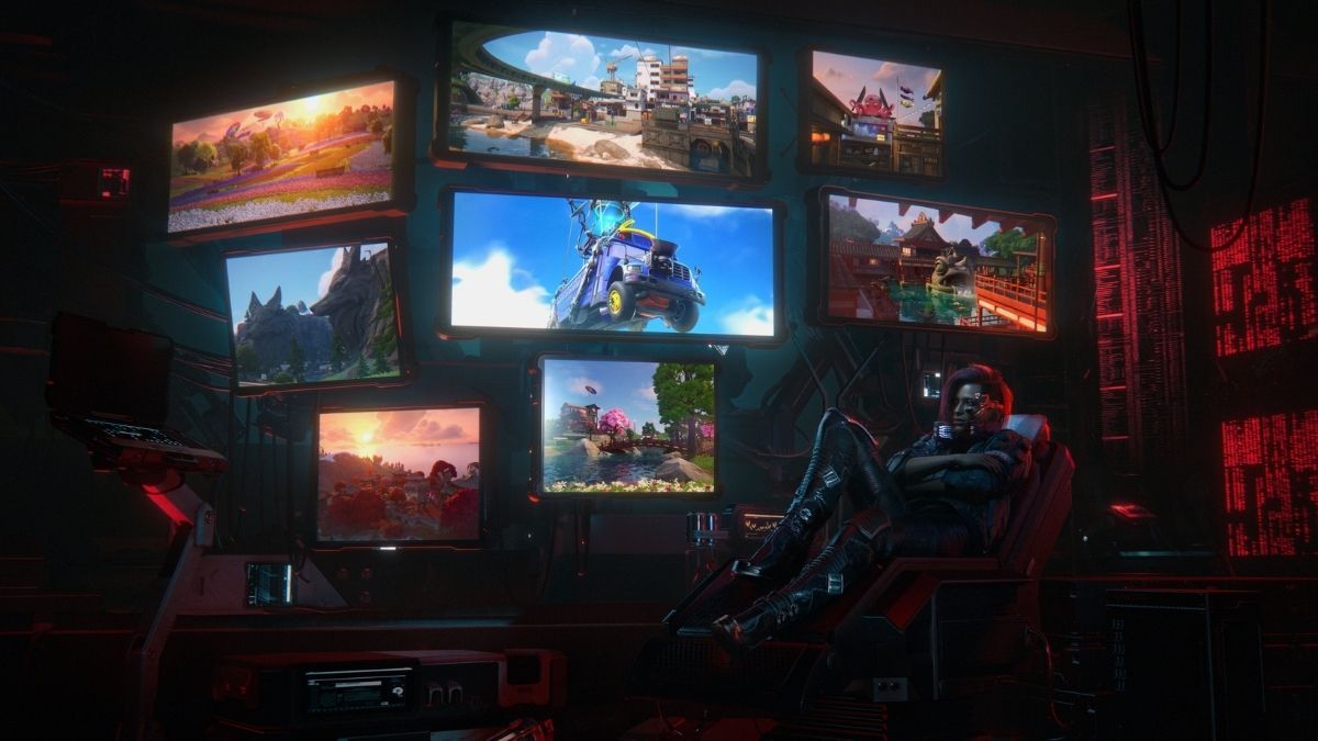 V from Cyberpunk 2077 looking at Fortnite bus