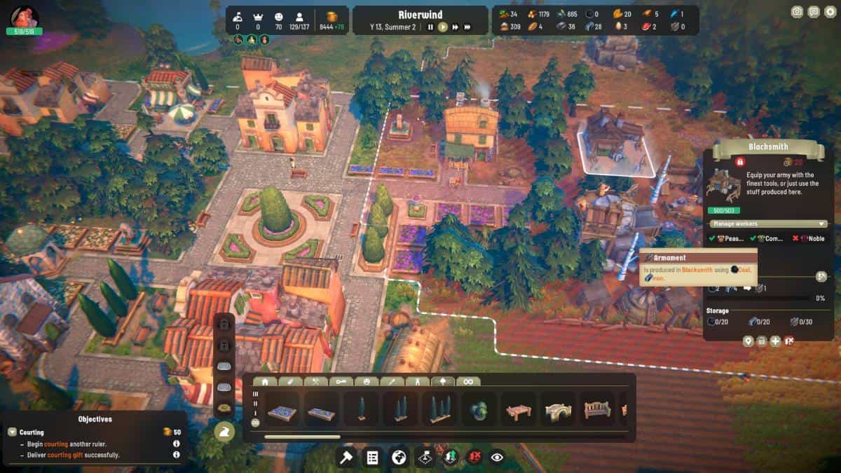 Fabledom review: citybuilder interface shows buildings, paths, and a farm. The Blacksmith production menu is open, and various game stats are displayed at the top of the screen.