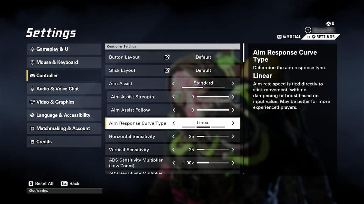 Settings menu of XDefiant showing various controller settings, including aim assist, aim response curve type, and sensitivity adjustments—set it up to match your playstyle.