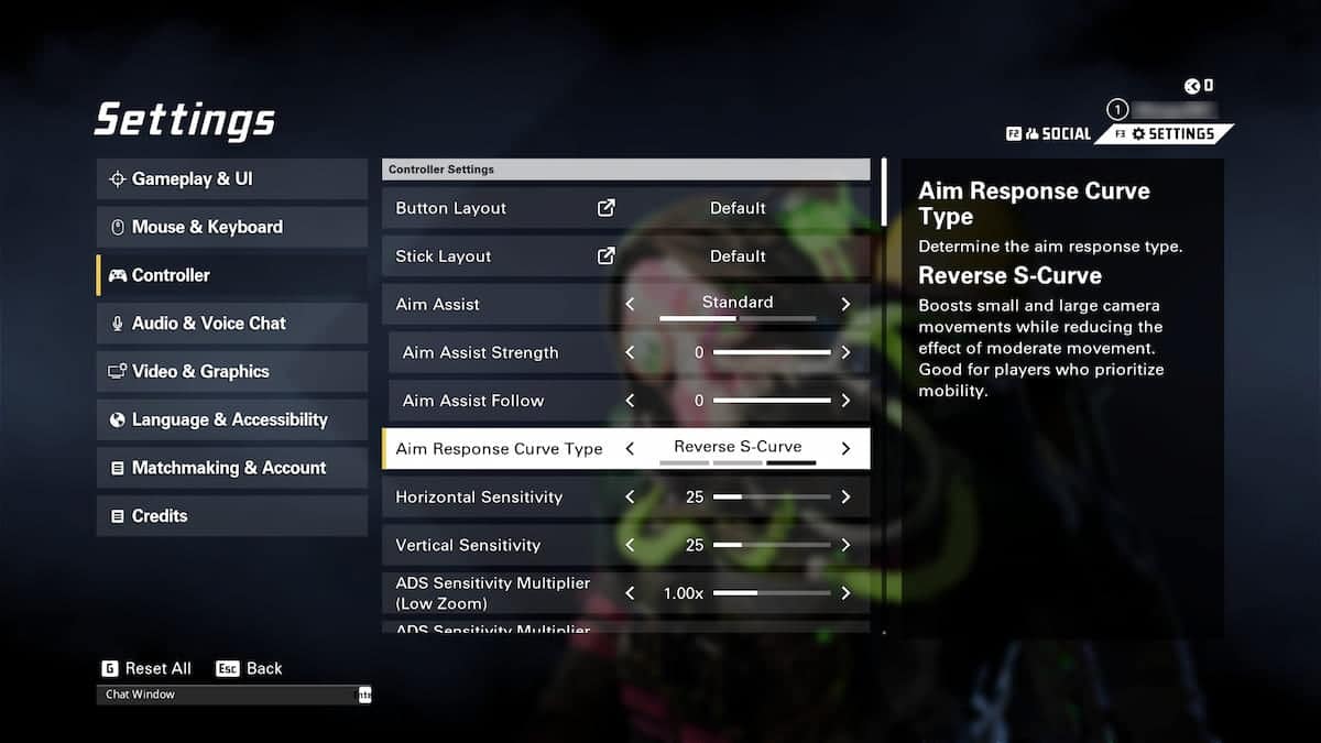 Screenshot of the settings menu in XDefiant. The Controller settings are shown, highlighting options for Button Layout, aim assist, Stick Layout, and Aim Response Curve Type set to Reverse S Curve. Customize your set up to enhance gameplay performance and precision.